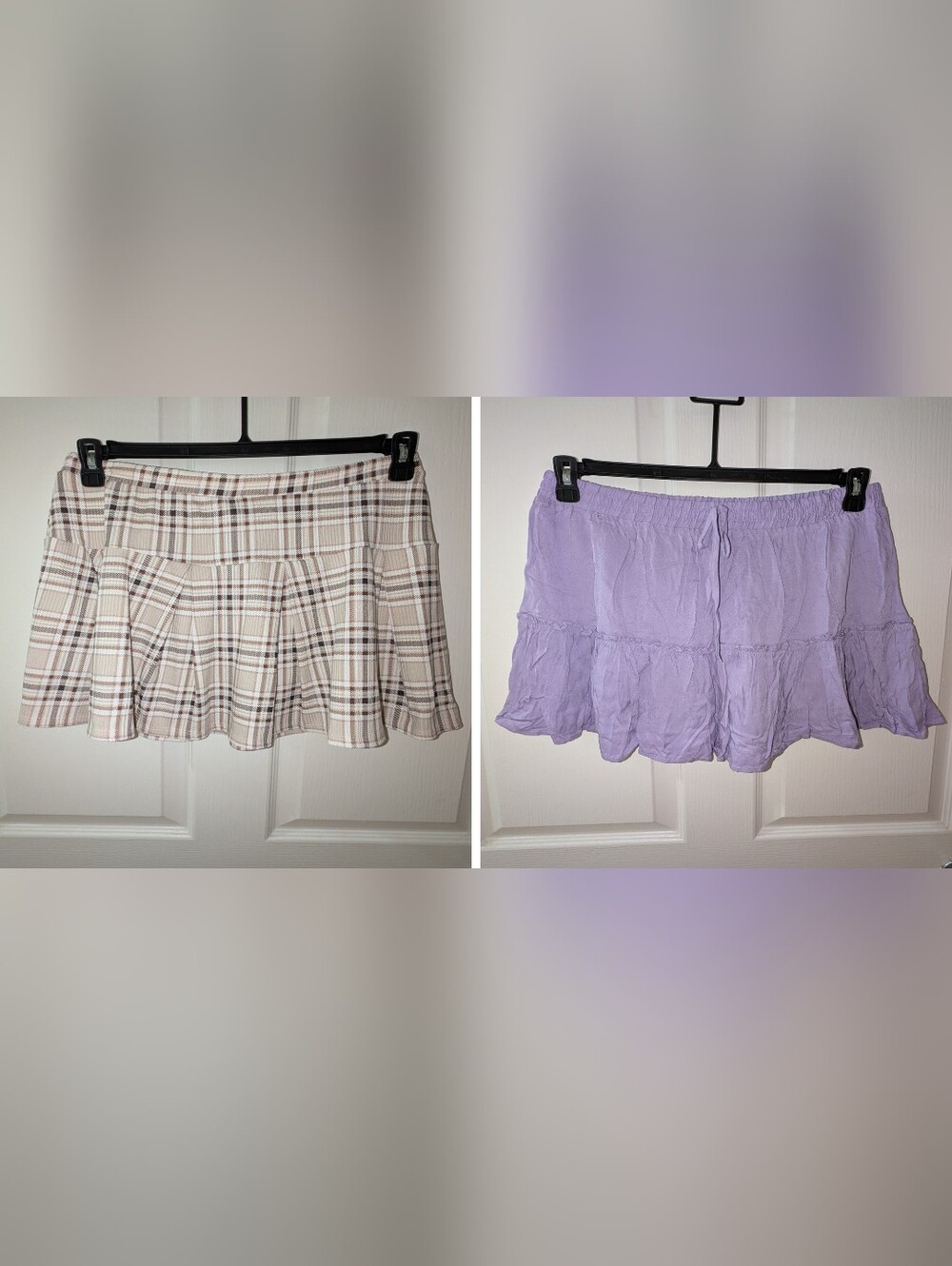 🌸 2-Piece Mini Skirt Bundle | Plaid Pleated + Lavender Tiered | Size L